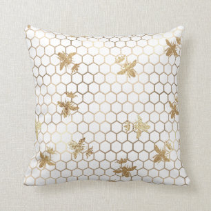 Gold Queen Bees and Honeycomb on White Kissen