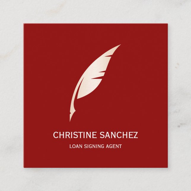 Gold Quill Pen MOBILE NOTARY SINGNING AGENT RED Quadratische Visitenkarte (Vorderseite)