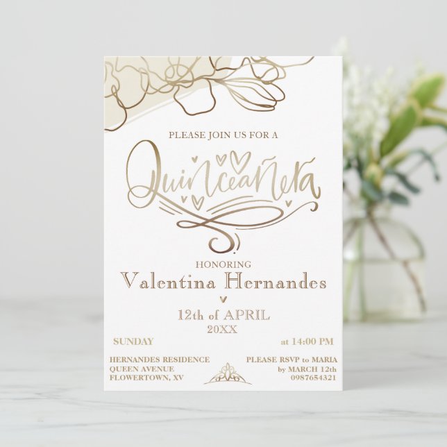 Gold Quinceañera Einladung Vorlage (Stehend Vorderseite)