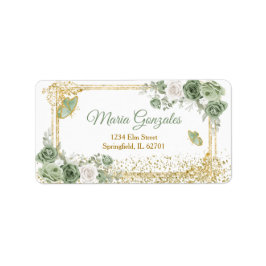 Gold Quinceañera Sage Green Crown Address Adressaufkleber