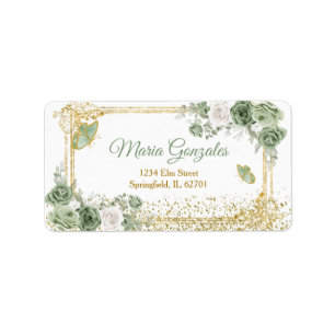 Gold Quinceañera Sage Green Crown Address Adressaufkleber