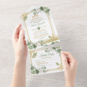 Gold Quinceañera Sage Green Crown alles in einem All In One Einladung