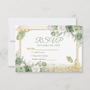 Gold Quinceañera Sage Green Crown Rsvp Card Dankeskarte