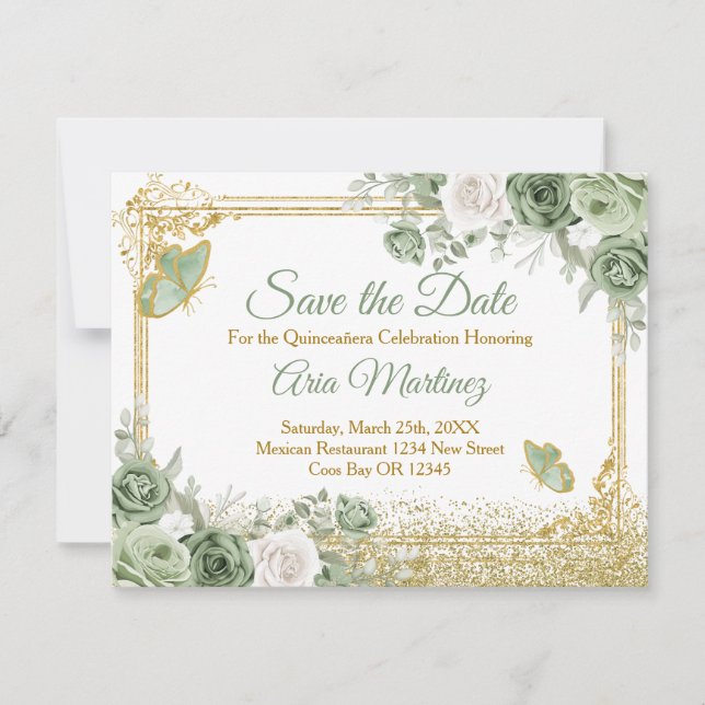 Gold Quinceañera Sage Green Crown Save the Date Dankeskarte (Vorderseite)