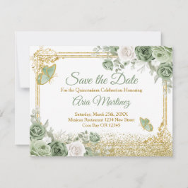 Gold Quinceañera Sage Green Crown Save the Date Dankeskarte