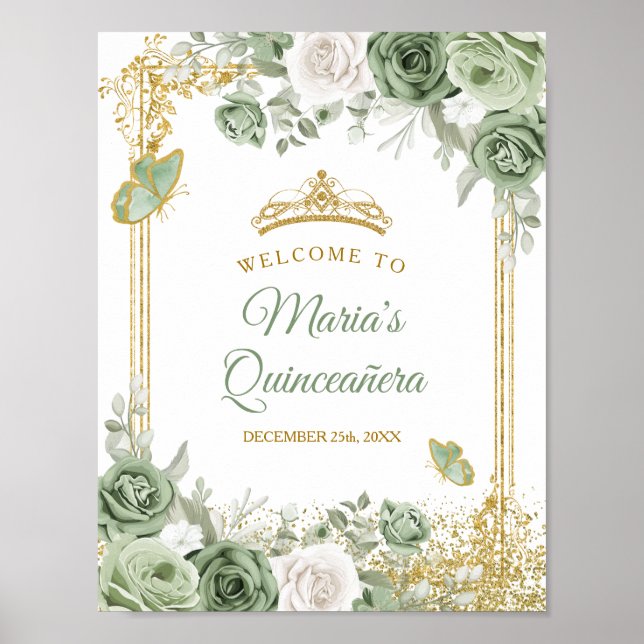 Gold Quinceañera Sage Green Crown Willkommen Poster (Vorne)