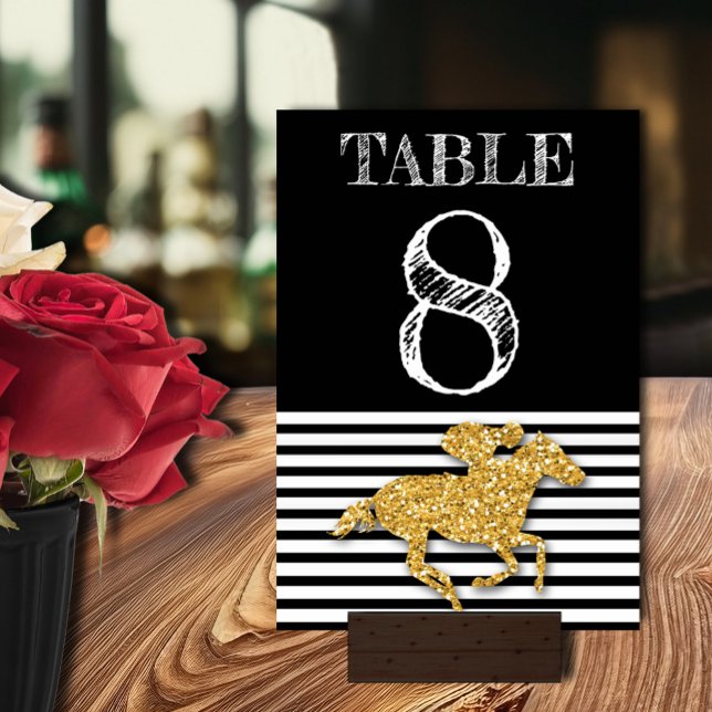 Gold Race Pferd auf Schwarz & Weiß Streifen Geburt Tischnummer (Gold racehorse and jockey Derby party table number cards double-sided)
