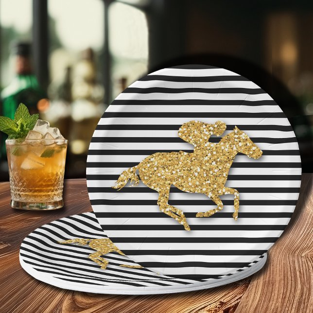 Gold Race Pferd auf schwarzen und weißen Streifen Pappteller (Gold racehorse on black and white stripes Derby-themed bridal shower paper plates)