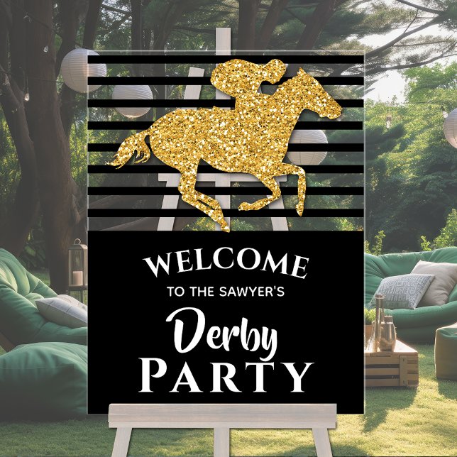 Gold Racehorse Black Stripes Derby Willkommen Acrylschild (Gold racehorse on black stripes derby party acrylic welcome sign)