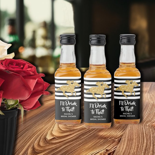 Gold Racehorse Brautparty Mini Alkoholflaschenetikett (Gold racehorse Derby-themed bridal shower mini liquor bottle personalized labels)