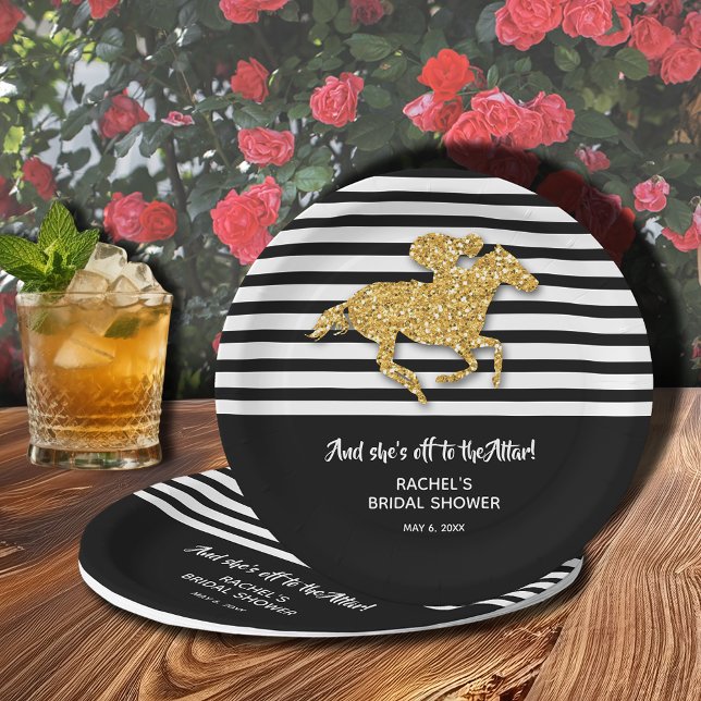 Gold Racehorse Brautparty Pappteller (Off to the Altar! Gold racehorse on black and white stripes Derby-themed bridal shower paper plates)