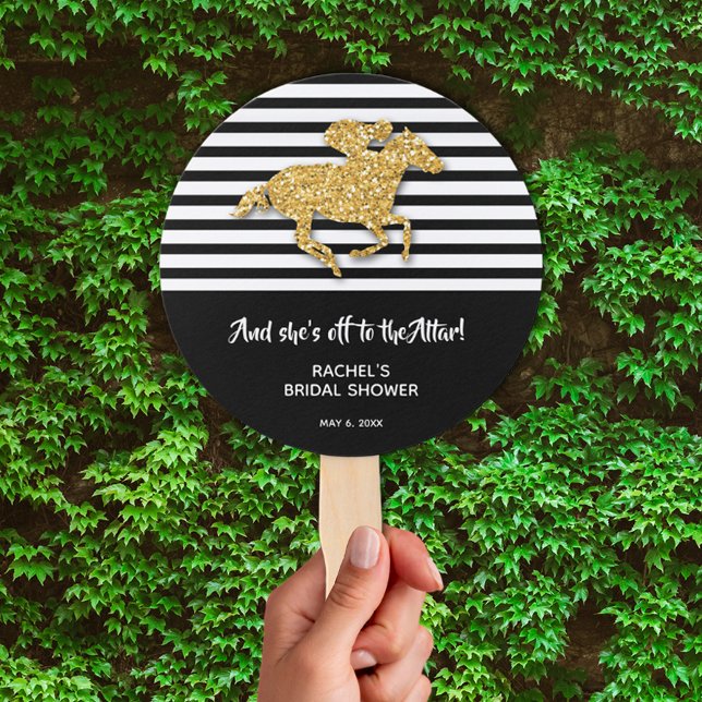 Gold Racehorse Derby Brautparty Fächer (Off to the Altar! Gold racehorse Derby-theme bridal shower hand fans)