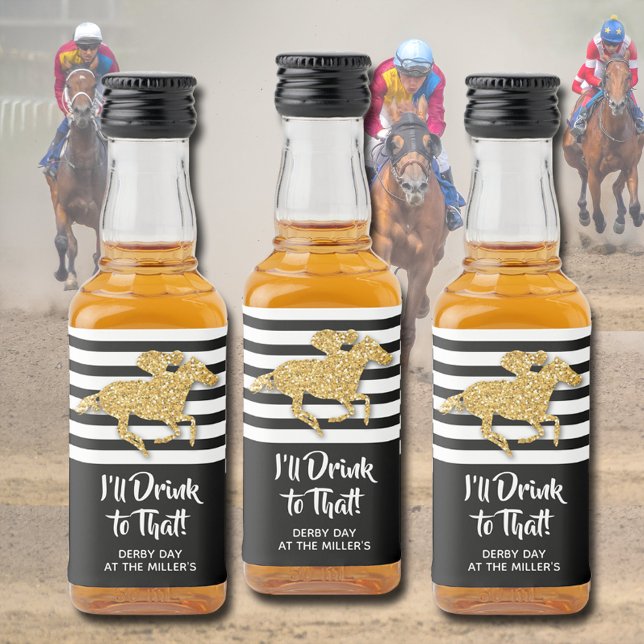 Gold Racehorse Derby Day Mini Alkoholflaschenetikett (Create beautiful mini liquor bottle labels for your Derby party, serve or give as party favors.)