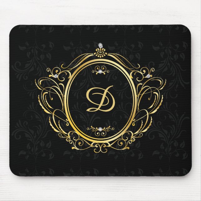Gold Rahmen schwarzer Damast aus Luxus Monogram Mousepad (Vorne)