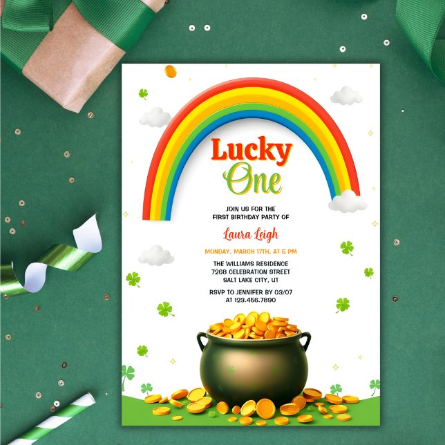 Gold Rainbow St Patricks Day Einladung (Lucky One 1st Birthday Invitation – Rainbow, Pot of Gold, and Shamrock Themed Design)