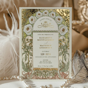 Gold-Ranunkel Art Nouveau Hochzeit im Vintage-Stil Folieneinladung