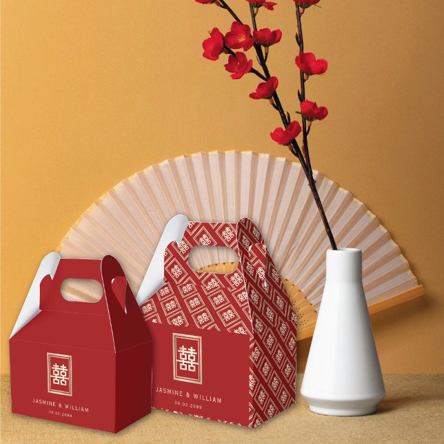 Gold Rectangle Double Happiness Chinese Wedding Geschenkschachtel (Red/Gold Classic Rectangle, Double Happiness Chinese Wedding Party Favor Boxes @ fatfatin_red_knot)
