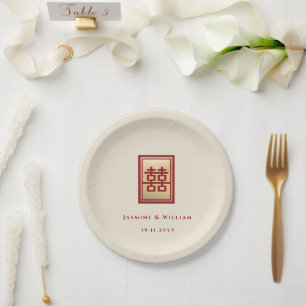 Gold Rectangle Double Happiness Chinese Wedding Pappteller