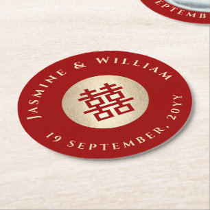 Gold Rectangle Double Happiness Chinese Wedding Runder Pappuntersetzer