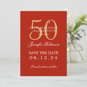 Gold Red 50. Geburtstag Save the Date Details Einladung