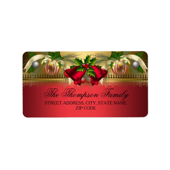 Gold Red Bells & Baubles Weihnachtsadressen Labels Adressaufkleber (Vorne)