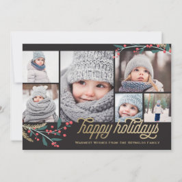 Gold Red Berries 6 FotoCollage | Happy Holidays Feiertagskarte