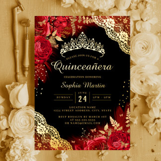 Gold Red Black Floral Lace Quinceanera Folieneinladung