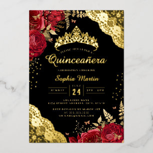 Gold Red Black Floral Lace Quinceanera Folieneinladung