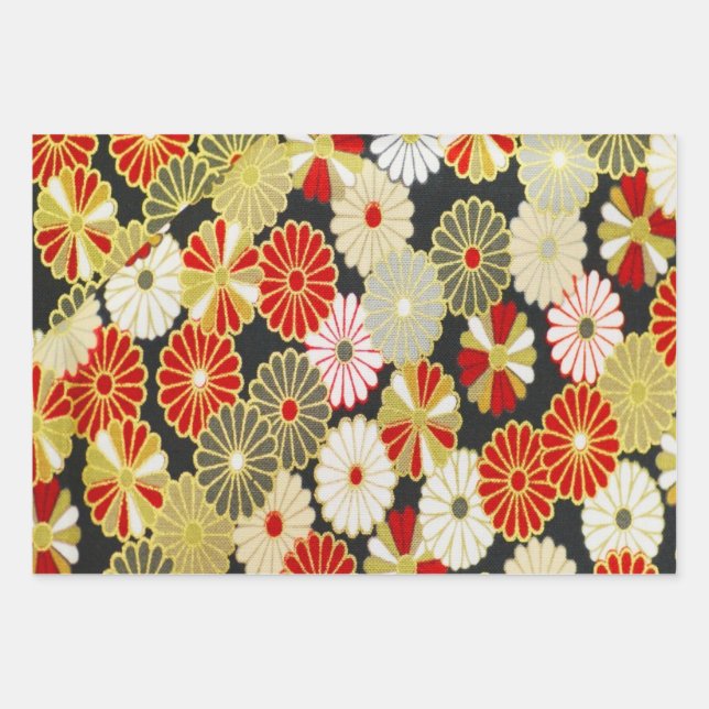 Gold Red Black Japanisch Kimono Floral Decoupage Geschenkpapier Set (Vorderseite)