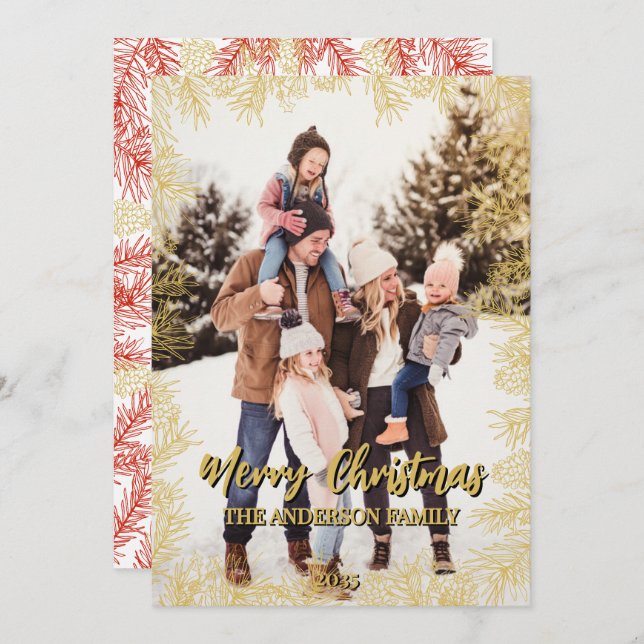 Gold Red Botanical Modern Family Foto Weihnachten (Vorne/Hinten)
