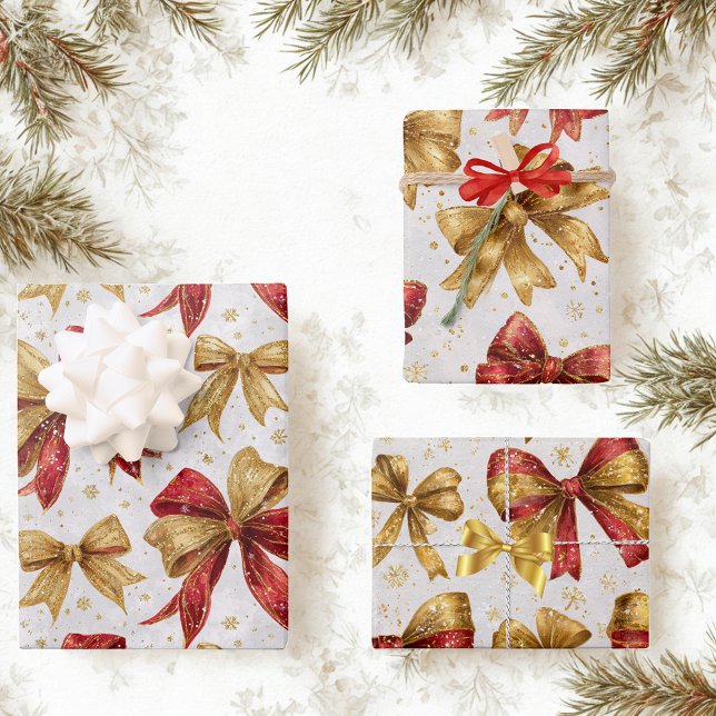 Gold Red Bows Christmas Geschenkpapier Set (Gold and red bows Christmas wrapping paper sheets for holiday packages)