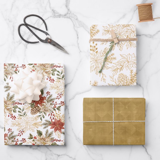 Gold Red Christmas Floral Geschenkpapier Set (Von Creator hochgeladen)