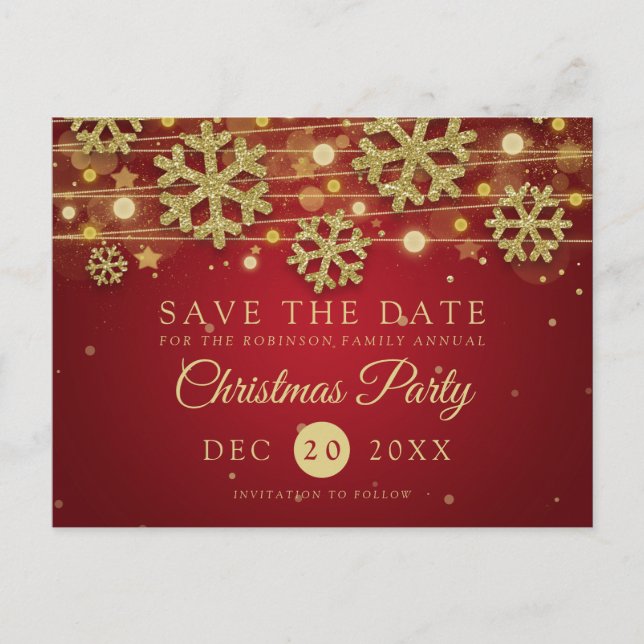 Gold & Red Christmas Party Save the Date Glitzer Ankündigungspostkarte (Vorderseite)