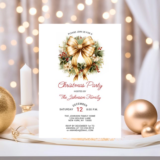 Gold & Red CHRISTMAS PARTY Wreath Company Einladung (Festive CHRISTMAS PARTY Red Gold Wreath Company Invitation)