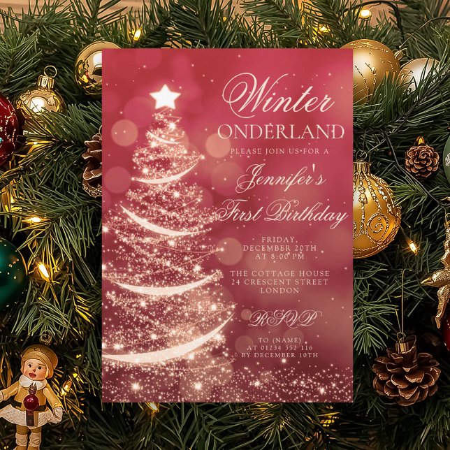 Gold Red Christmas Winter Onederland 1st Birthday Einladung (Gold Red Christmas Winter Onederland 1st Birthday Invitation)
