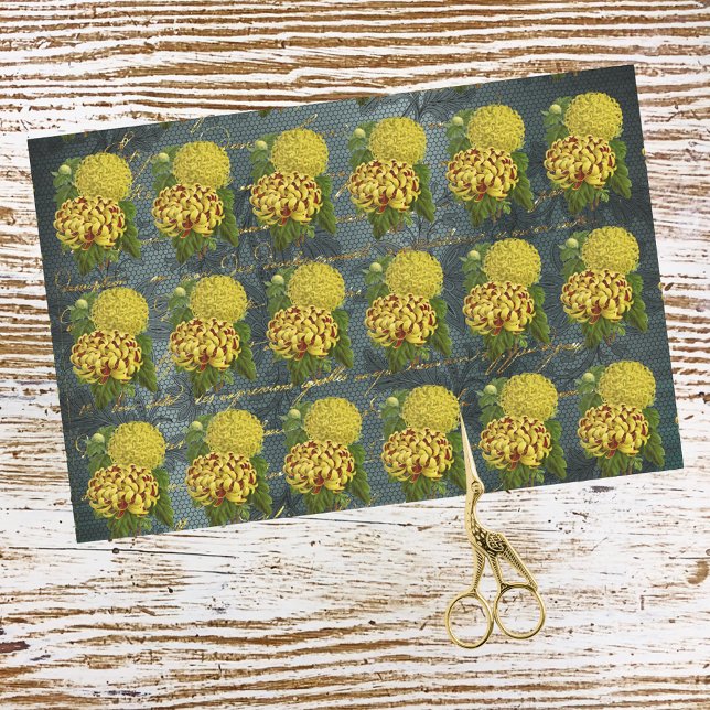 Gold Red Chrysanthemums auf Aquamarin Damaskus bei Seidenpapier (Von Creator hochgeladen)