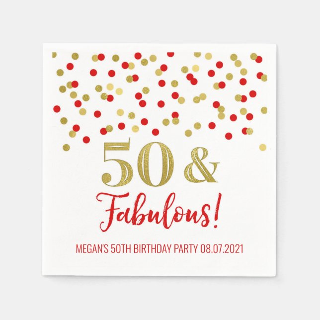 Gold Red Confetti 50 & Fabulous Geburtstag Serviette (Vorderseite)