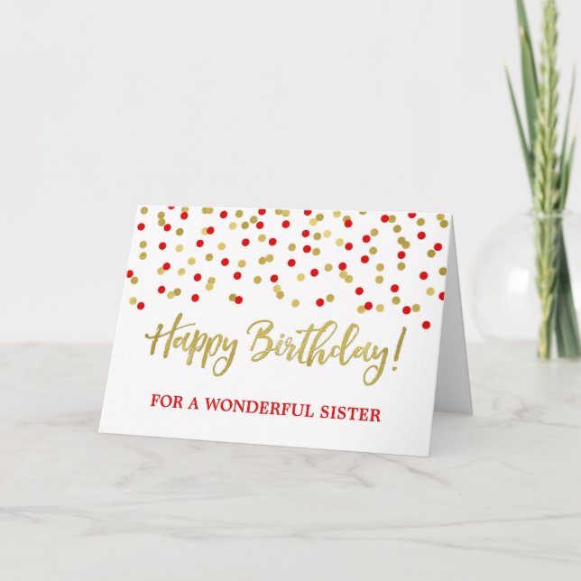 Gold Red Confetti Sister Birthday Card Karte (Vorderseite)