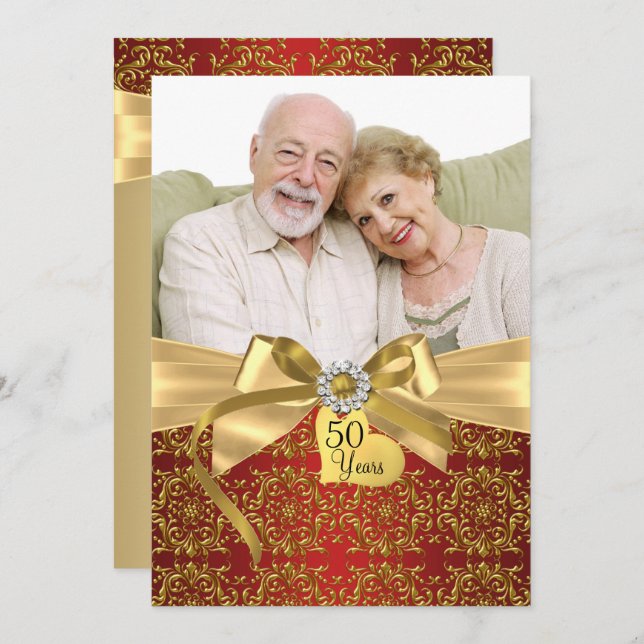 Gold Red Damask & Bow Foto 50 Jahre Einladung (Vorne/Hinten)