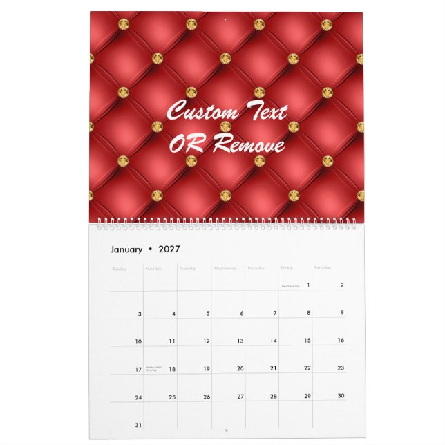 Gold Red Diamonds Tufted Leder Text Calendar Kalender (Jan 2027)