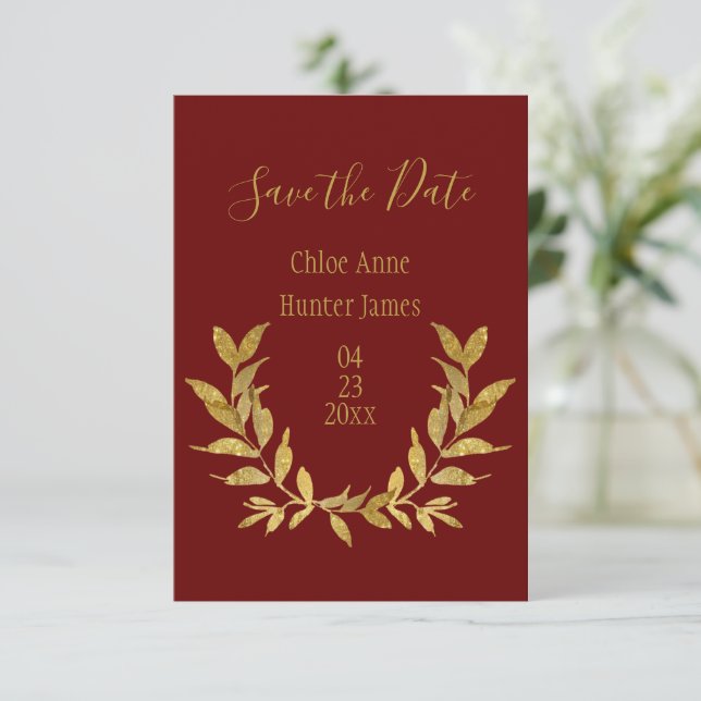 Gold Red Elegant Save The Date (Stehend Vorderseite)