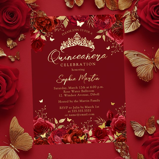 Gold Red Enchanting Floral Butterfly Quinceanera Folieneinladung (Von Creator hochgeladen)