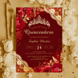 Gold Red Floral Lace Quinceanera Folieneinladung