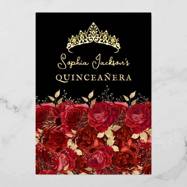 Gold Red Floral Rosen Quinceanera Folieneinladung (Vorderseite)