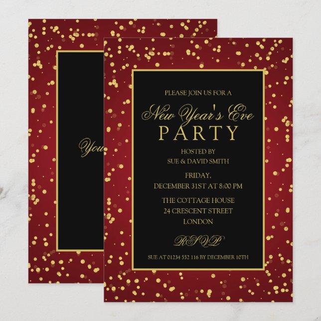 Gold Red Foil Glitzer Dots Silvester Party Einladung (Vorne/Hinten)