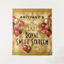 Gold Red Glitzer Balloons Royal Sweet 16 Tapestry