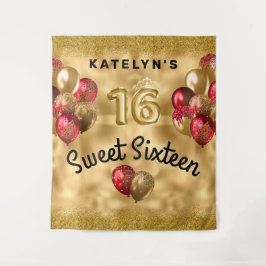 Gold Red Glitzer Balloons Sweet 16 Wandteppich