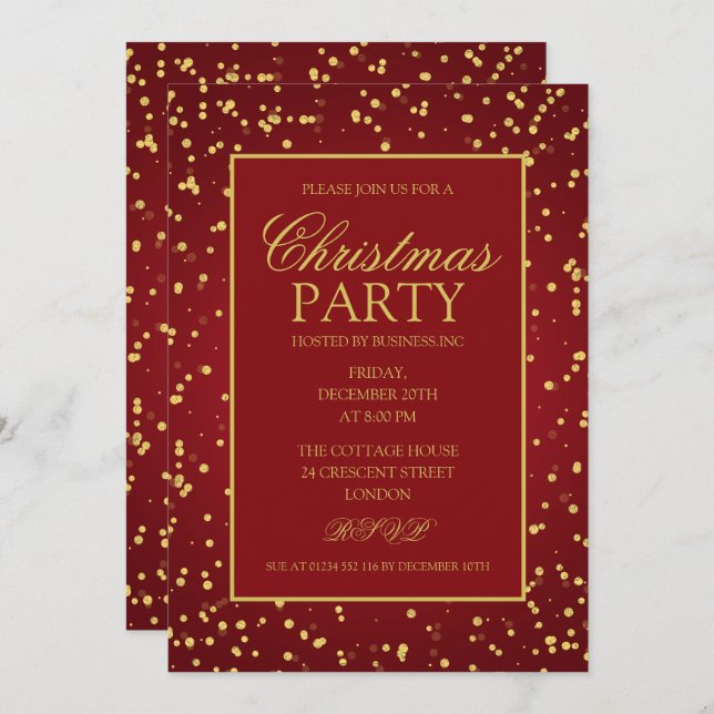 Gold Red Glitzer Dots Weihnachtsfeier Einladung (Vorne/Hinten)