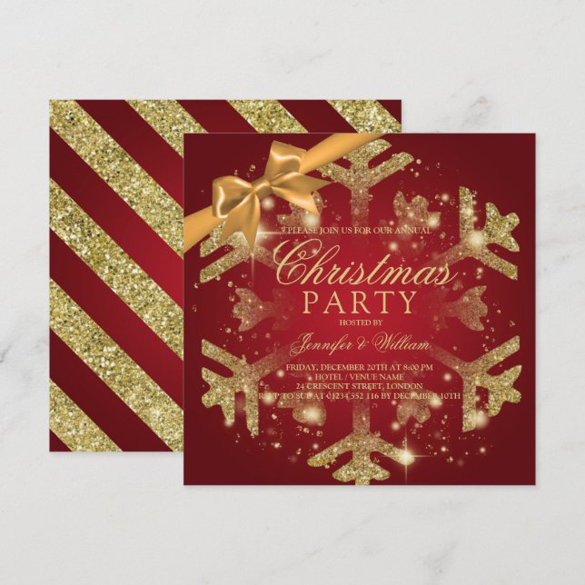 Gold Red Glitzer & Ribbon | Weihnachtsfeier Einladung (Vorne/Hinten)