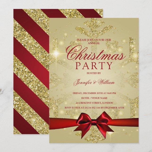 Gold & Red Glitzer Snowflake & Ribbon Xmas Party Einladung (Vorne/Hinten)
